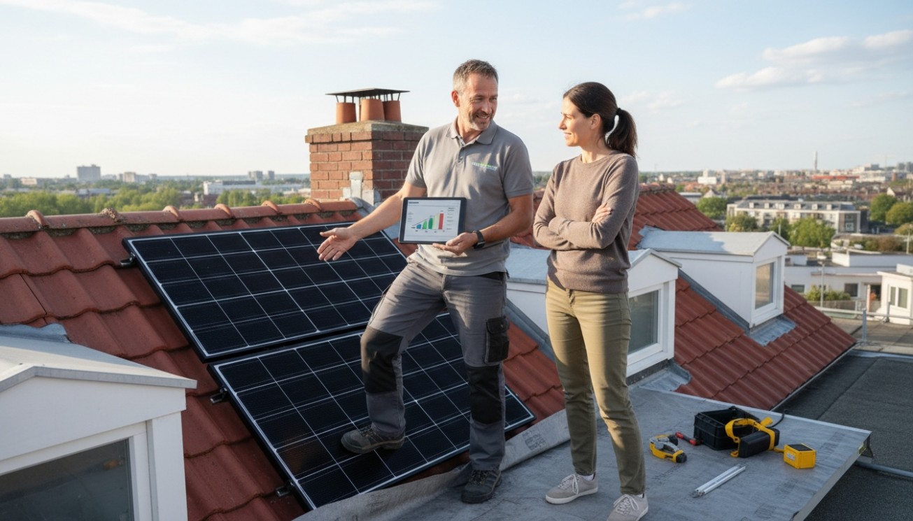 Residential solar installer explaining high-efficiency panel performance, roof utilization, and home solar value to a homeowner